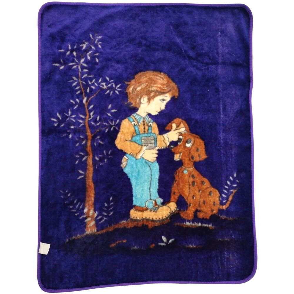 Vtg Purple Boy &‎ Puppy Dog Tree Throw Blanket 40x50 Overalls Brown htf Thick